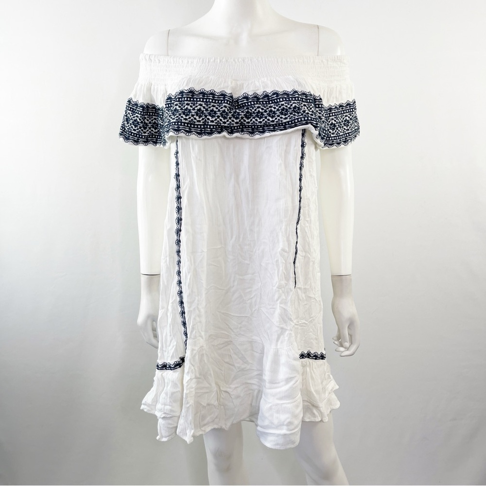 Muche & Muchette Dress White Off The Shoulder GAVIN Blue Embroidery One Size - Picture 1 of 10